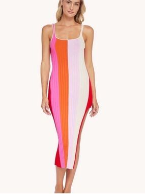 PQ Swim Striped Ribbed Midi Dress in Pink, Orange, Red & Cream